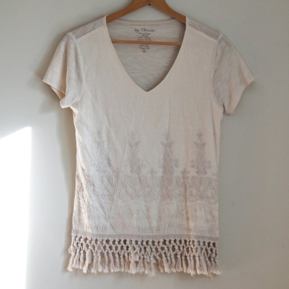Chico's Cream Tan Embroidered Top with Tassels